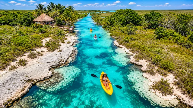 People in kayaks on the turquoise water of the Los Rapidos channel in Bacalar.